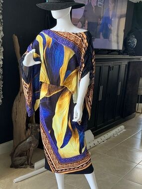 Women's Abstract Floral Kaftan Dress in Blue & Yellow